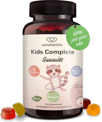 wowtamins Kids Complete - Vegane Multivitamin Gummies mit Omega 3 (30-Tage-Vorrat) - Vitamine für Kinder - Nahrungsergänzungsmittel für das Immunsystem mit Vitamin C, D3, B12, Zink & mehr