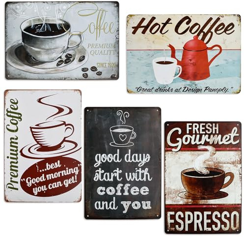 RUNEAY Cartel de chapa retro de 5 unidades, decoración de café, cartel de metal, personalizado, 30 x 20 cm, para café, restaurante, salón, pasillo, oficina