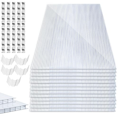 Herrselsam 14x Polycarbonat Hohlkammerstegplatten 60.5 x 121cm Doppelstegplatte 10,25 m² , 4mm Polycarbonatplatten mit 50x Klammern, 50x Z-Clips, Gewächshausplatte UV-beständigen für Gewächshaus