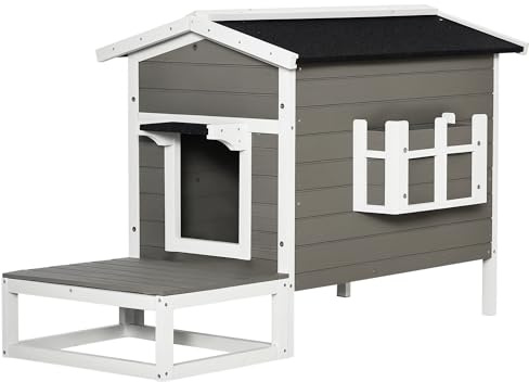PawHut Maisonnette pour Chats Niche extérieure surélevé avec terrasse étanche en Bois, dim. 115L x 66,5l x 74,7H cm, Gris