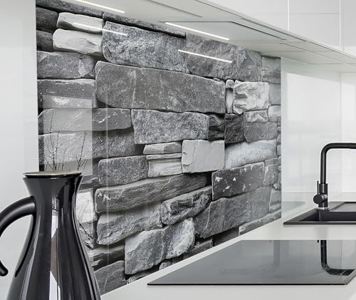 timalo Spritzschutz Wand für Herd, Küche Küchenrückwand Glasoptik | Acryl Glas 2mm | Glasrückwand Acrylglas Wandpaneele Rückwandschutz Platte | 80x60cm Bruchstein Steine grau