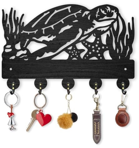 INFUNLY Porte-clés mural noir avec 5 crochets à clés sur le thème de l'océan - Porte-clés tortue en bois pour décoration d'intérieur, couloir, entrée, chambre, vestiaire, bureau - 30 x 19,3 cm