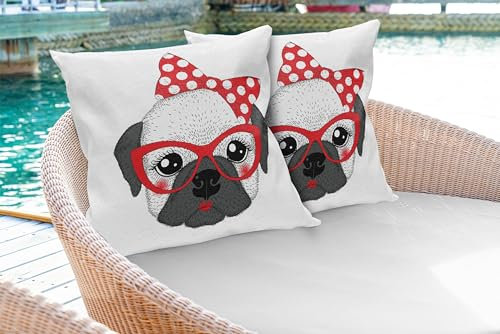 ABAKUHAUS Bulldogge Kissenbezug 2er-Pack, Lustiges weibliches Haustier mit Stift herauf Art Bowtie und Retro Art-Gläser, 60 x 60 cm, Vermilion Grau und Schwarz