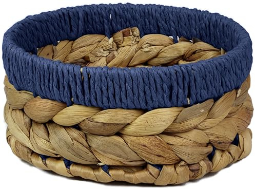 Small Water Hyacinth round baskets for storage Natural Blue edges for shelves open hamper. Decorative gift mini tray make up Kitchen organiser (1 x Pack, Medium 18cm)