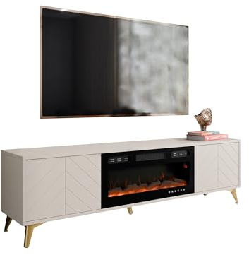 Mirjan24 TV Lowboard Xylix 2D EF mit Elektrischem Kamin, Fernsehschrank, Fernsehtisch, Unterschrank, Realistische LED-Flamme, Board, Schrank, TV-Bank (Sandbeige)