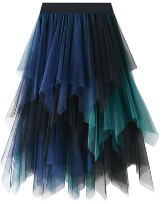 Pfau Kostüm Damen Lang Faltenrock Tüllrock Unregelmäßig Unterrock Lagenrock Ballett Tutu Abschlussball Party Faltenkleid A-Linie Midirock High Waisted Skater Röcke Faschingskostüme Karneval