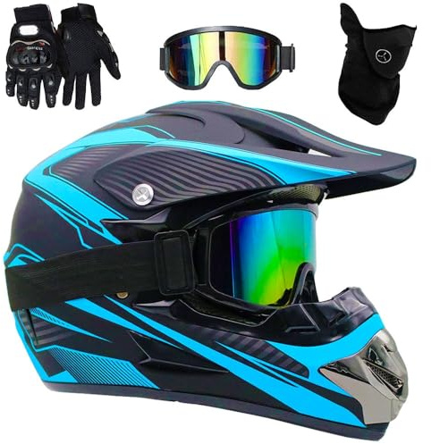 Cool Casque de Motocross Intégral, Casque Cycliste pour Enfants, avec Goggle Gants Masque, Casques de VTT BMX Downhill Mountain Bike Quad, Approuvé par Le Dot(Blue Lines,XL (58-59cm))
