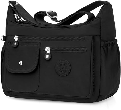 BTNEEU Bolso Bandolera Mujer Grande Nylon Bolso Cruzado Impermeable Bolsos Multibolsillos Crossbody Bag Mediano con Correa Ajustable Casual Ligero Bolsos de Mano para Escuela Viaje Trabaja (Negro)