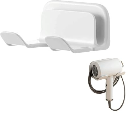 BSLVV Wall Mounted Hair Dryer Holder with Straightener Stand - Self Adhesive Hair Tools Organizer with Plug & Cord Hook - White Dressing Table Storage for Bathroom, Salon, Vanity