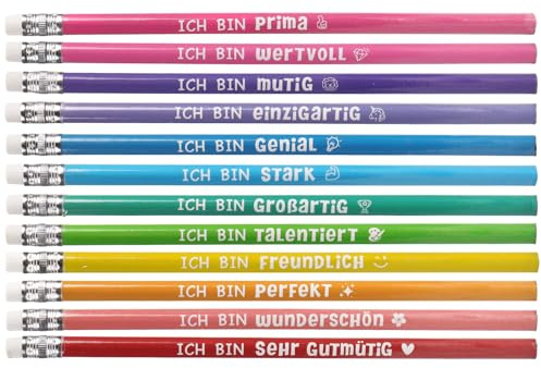 MEJOSER 12 Stück Bleistifte Kinder Inspirierende Sprüche Bleistift mit Radiergummi 1. Klasse Einschulung Geschenke Schultüte Füllung Mädchen Junge Abschiedsgeschenk Schüler Kindergarten Bunt