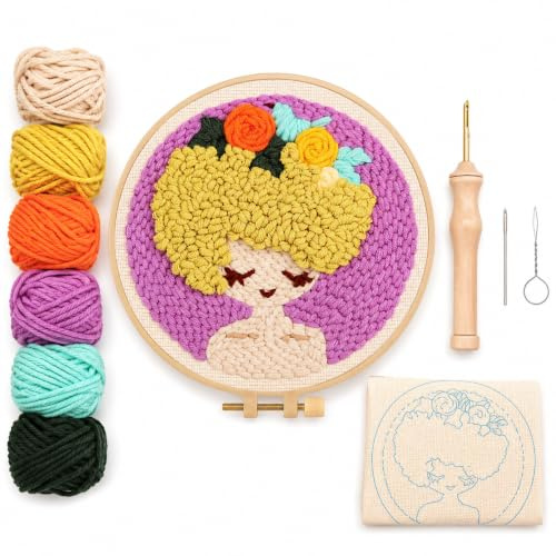 DIY Punch Needle Stick-/Kreuzstich-Set m. Mädchenmotiv u. Rahmen Lila | Das sticken set erwachsene bietet mit bebilderter anleitung einen einfachen und schnellen einstieg in kreative handarbeit
