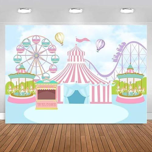 Sfondo per compleanno con tendone da circo rosa, sfondo per fotografia di carosello di carnevale, mongolfiera, decorazioni per baby shower per bambini, striscioni 210cmx150cm