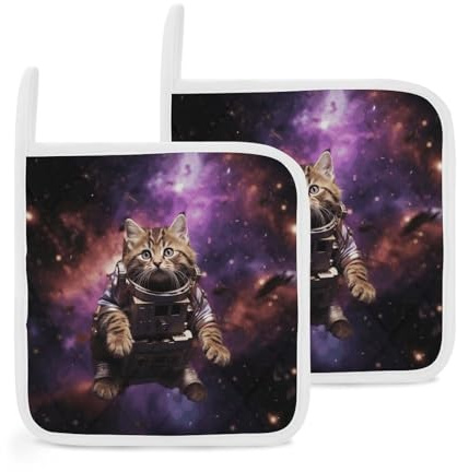 A Cat in Outer Space 2 Pack Pot Holders Heat Resistant Thick Oven Pot Holders with Hanging Loops Non-Slip Potholders Easy Care Potholder Small Hot Pads for Kitchen Cooking Baking BBQ 8X8
