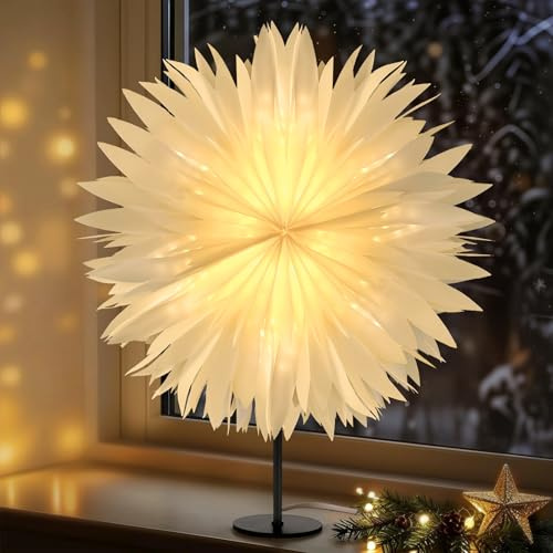 Lewondr 3D Papiersterne Weihnachten Tischlampe, 17,72 Weihnachtsstern Beleuchtet mit E14 LED-Birne, Weihnachtsstern Stehend Weihnachtsdeko mit Eisenbasis für Innen Feiertag