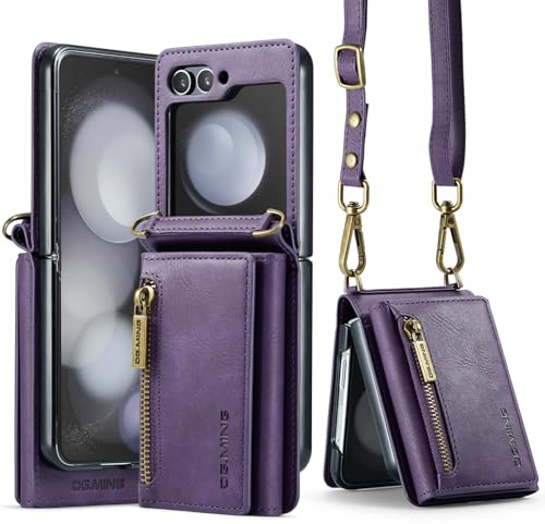 UDBKKDX Dragkedja Fodral för Samsung Galaxy Z Flip 7, matt läder med visningsstativ kameralinsskydd stötsäker korthållare skydd med axelremmar Plånboksfodral skydd case cover