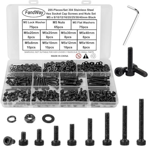 FandWay M5 Schrauben Set,285 Stk Zylinderschrauben mit Innensechskant,Sechskantschrauben Edelstahl 304 Schwarz Epoxid,Sechskopf Gewindeschrauben,Maschinenschrauben Muttern und Unterlegscheiben Set.