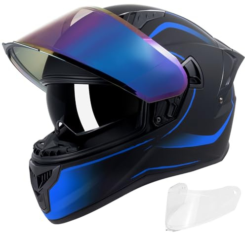 Full Face Motorcycle Helmets for Adult Men Women, DOT Approved Street Bike Racing Helmet Dual Visor Quick Release Buckle, Motorbike ADV Moped Helmet with Extra Clear Visor (Matte Black Blue, L)