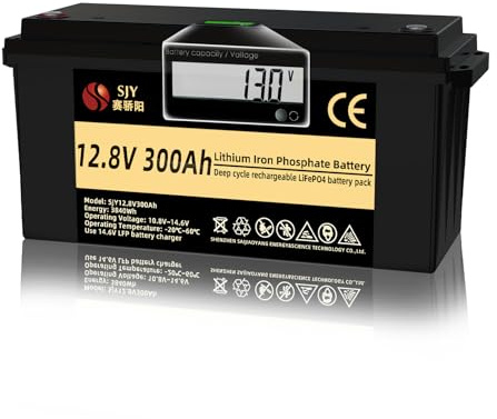 SaiJiaoYang 12V 300Ah LifePO4 Batterie, Klasse A Lithium Akku mit 200A BMS 3,000~10,000 Zyklen Batterie LiFePO4 mit LCD Ideal für Off-Grid, RV, Solarsystem, Boot, Wohnmobil, Wanderanhänger