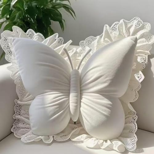 BWGHBH Dekokissen mit Schmetterlingsspitze Lendenstützkissen Rückenkissen niedliches Plüschkissen für Sofa Schlafzimmer Couch Autositz weich prall Kopfstütze 50X45cm(19,6 x 17,7 Zoll) (Weiß)