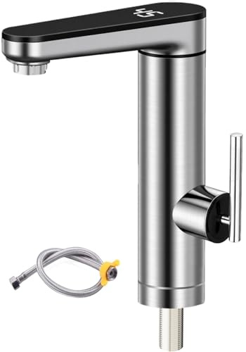 Wasserhahn mit Durchlauferhitzer, Warmwasserhahn Dlektrisch, Elektrischer | - und Kaltmischer Wasserheizhahn mit digitaler Anzeige, 220 V 3000W Edelstahl Wasserhahn mit 120° drehbarem (Sliver)