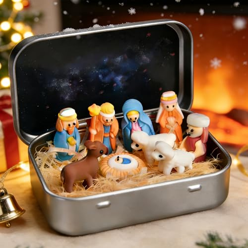 Bukbas Krippenfiguren Krippenset Born Scene, Mini Weihnachtskrippe Set in Blechdose, Klein Krippenfiguren Nativity Scene Gifts Tin, Weihnachtsdeko für Zuhause Schreibtisch Gifts