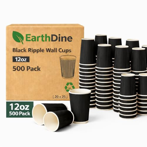 EarthDine 500 Pack 12oz Black Ripple Wall Coffee Cups – Triple Layer Insulated Disposable Paper Cups for Hot Drinks, Takeaway Coffee Cups for Cafes Offices Events