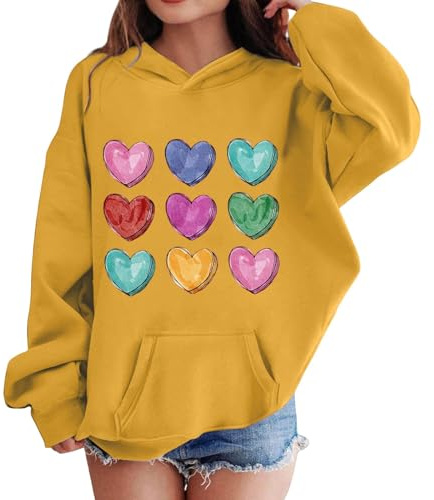 Mjjsk Barn huvtröjor flickor mode hjärta grafisk tröja med huva trendig skola pullover huva mjuka lediga tröjor barn streetwear, gUL, 9-10 Years
