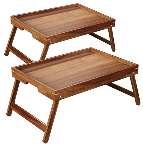 Fibogollo 2 Pack Acacia Wood Bed Tray Table with Folding Legs,Breakfast Trays,Serving Tray for Food and Snack