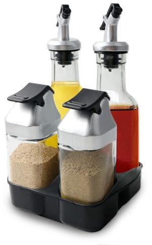 Juego de salero y pimentero de cristal, vinagre y botellas de aceite con vertedor, salero 2 en 1 con tapa, recipiente para especias con agujeros para esparcir, juego de vinagre y aceite, botella de