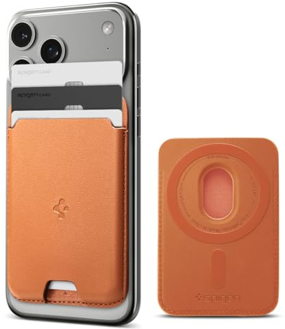 Spigen Valentinus MagFit 3-korts Magnetisk Plånbok för MagSafe & Pixelsnap | Premium kortfodral i veganskt läder med enkel kortåtkomst och säker magnetisk stängning - Metallic Orange