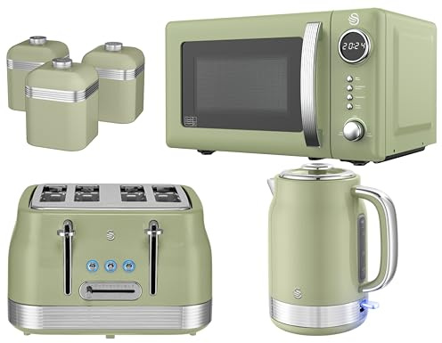 Swan Retro Revive Green Kitchen Bundle Set – 1.7L Rapid Boil Kettle, 4 Slice Toaster, 800W 20L Digital Microwave and Tea, Coffee, Sugar Canisters. Retro Gloss Finish with Chrome Accents