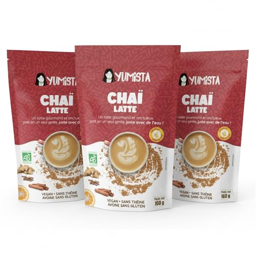 YUMISTA - Chaï Latte Instantané Bio – Pack 3 x 160g – Thé Chaï Latte en Poudre aux Épices & Lait d'Avoine Sans Gluten – Boisson Vegan Crémeuse – Préparation Rapide Chaude ou Glacée