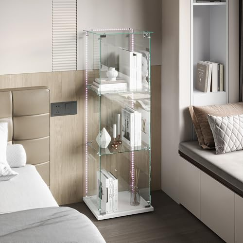 Hoscullo glasvitrinskåp stående med LED, vitrinskåp stående med 3 hyllor och 1 dörr, samlarvitrin för vardagsrum sovrum kontor, vit bottenplatta