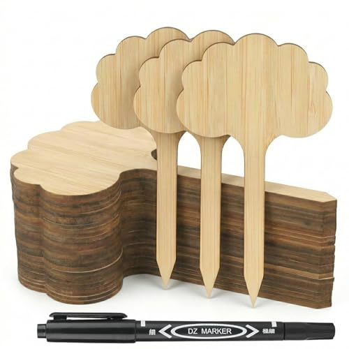 YUNTRUN 40 Pcs Wooden Plant Labels with Pen, Plant Labels Tags for Outdoor Plants with Marker for Outdoor Potted Plants, Vegetables & Flowers