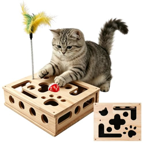 Fanme Cat Nail File Enrichment Box Scratch Puzzle Toy with Slot Lock Screws | 11.8in Solid Wood Cat Scratcher with 180-Grit Sandpaper Slot Lock 8 Screws Bell Balls Feather Teaser Indoor Claw Care Toy