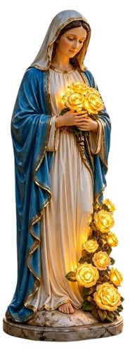 Statua solare da giardino della Vergine Maria, dimensioni 20 cm, resina impermeabile, specifiche con rose illuminate a LED, figura cattolica per esterni, decorazione per cortile cristiano, regalo