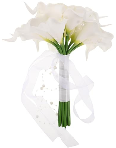 MUCKLILY Ramo de Novia Artificial Blanco de Lirios Estructura Ligera y Perlas Artificiales, Adecuado para Bodas y Decoración Elegante en Fiestas