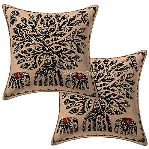 Stylo Culture Boho Fundas para Cojines Decorativos 40x40 cm Algodón Árbol de la Vida Forros De Cojines Sofa Beige Apliques De Patchwork Cuadrado sobre Fundas De Almohadones para Cama - 2 Pcs