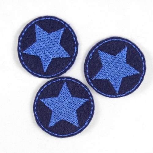 Flicken Bügelflicken Stern Aufbügler Bügelbild klein rund 3er Set Patches 3,5 cm blau auf dunkelblau 3 Stück zum aufbügeln