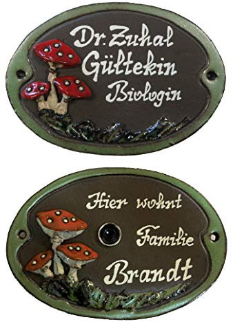 Keramikschild-Fliegenpilze-Pilz-Türschild-Klingelschild-Namensschild-Schild-1285 x 125 mm-Relief von Hand gefertigt-Incl. Beschriftung-Mit, oder ohne Klingel (6943-KU mit Text und mit Klingel unten)