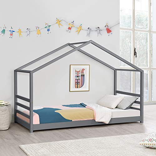 [en.casa] Kinderbett Vardø mit Lattenrost und Gitter 90 x 200 cm Hausbett Bettenhaus Bett Jugendbett Kiefernholz Dunkelgrau