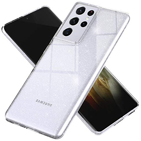 NALIA Glitzerhülle für Samsung Galaxy S21 Ultra - Hülle, Transparent | Reflektierende Partikel im Material verschmolzen, Geschmeidige Oberfläche, Erhöhte Kanten an Kamera und Display