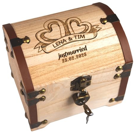 Personalisierte Schatztruhe Hochzeit | Hochzeitsgeschenke für Brautpaar Geld | Geldgeschenke Verpackung Geldscheine Münzen | Schatzkiste Spardose Holzkiste | Hölzerne Hochzeit Geschenk | Herzen
