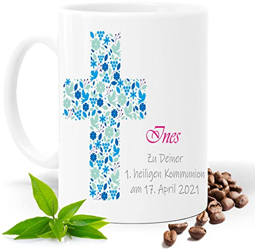 KOMMUNION,FIRMUNG, KONFIRMATION, KIRCHEN BLAU KREUZ |FOTOTASSE |TASSE|MOTIV TASSE | BEDRUCKTE TASSE | KAKAOTASSE | TEETASSE | GESCHENK|KERAMIK|TASSE (Weiss)