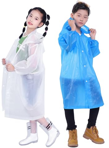Makonus Reusable Rain Poncho with Hood for Kids Raincoat (2 Pack)