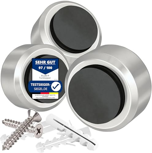 PLURI - Premium Türstopper Wand Edelstahl [3er Set] - GRATIS Befestigungsmaterial, Wandmontage mit Schrauben & Dübeln – Gummi-Puffer schützt Türgriff, Türklinke und Wand