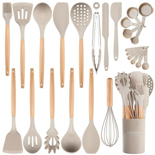 26 Pcs Silicone Cooking Utensils Set with Holder, NCUE BPA Free Kitchen Utensils Set for Cooking, 446°F Spatulas Silicone Heat Resistant Wooden Handle Spoon Tongs Non-stick Kitchen Gadgets (Khaki)
