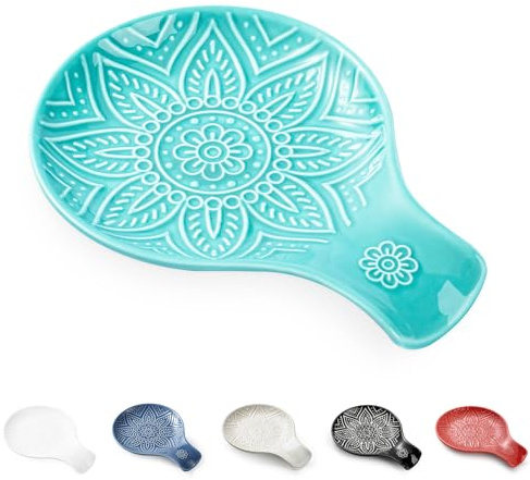 MIKIGEY Repose-cuillère en céramique, 19 cm, support de cuillère pour comptoir de cuisine, accessoires de cuisine, passe au lave-vaisselle, turquoise