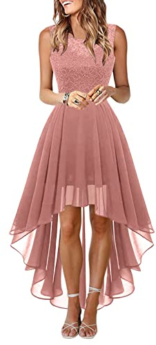 Onsoyours Robe de Cocktail Femme Longue Robes Soirée en Dentelle Mousseline de Soie Robes Chic Elégant sans Manches Sexy Robe Asymétrique B Rose S