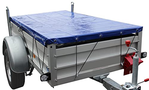 TRUTZHOLM Anhänger Flachplane PVC 500 g/m² 2075 x 1140 mm mit 3 Bügeln | Blau, umlaufender Gummigurt ca. 7 m, Ablappung 50 mm, wasser- und witterungsbeständig, Bügel verstellbar 1000–1450 mm